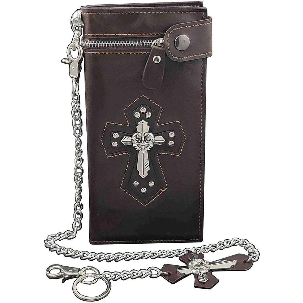 6185 Punk Rock Skull Cross Leather Long Card Money Wallet Purse With Chain